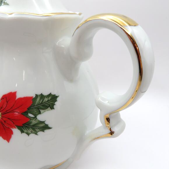 Lefton Christmas Teapot 1987 Poinsettia Holly Gold Trim Holiday Serveware Japan - Picture 12 of 16
